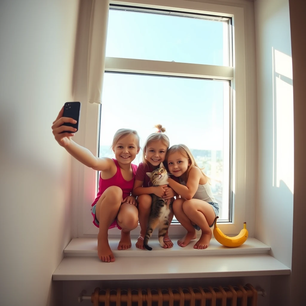 Three girls about six years old in shorts taking a selfie on a windowsill with a cat and a banana. Squatting. Russia. Hugging with their grandfather. - Image