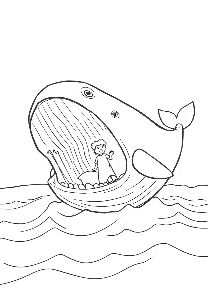 Coloring book page. Outline of Jonah and the whale for coloring: A large fish with its mouth open in the sea. Draw a small figure of Jonah either being swallowed or inside the fish's belly (visible through a cut-away section). Line art vector style, white background, black and white drawing, sharp black lines. - Image