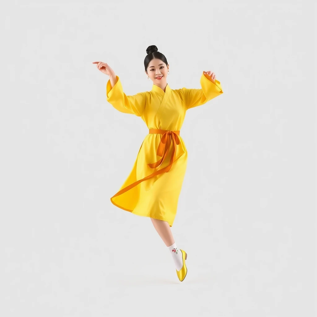 A single Korean woman dancing in a yellow traditional Korean costume. Dancing classically, daintily, and nobly. FULL SHOT, yellow traditional shoes, neatly tied black hair. Full body is visible, feet in white flowered socks, nimble movements. - Image