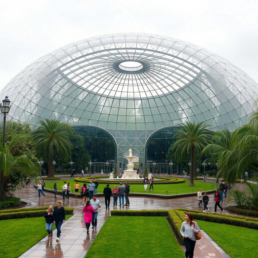 Outdoor park in the form of a dome, people peacefully strolling and relaxing in the park in any climate, rain or shine, hot or cold, in any weather.