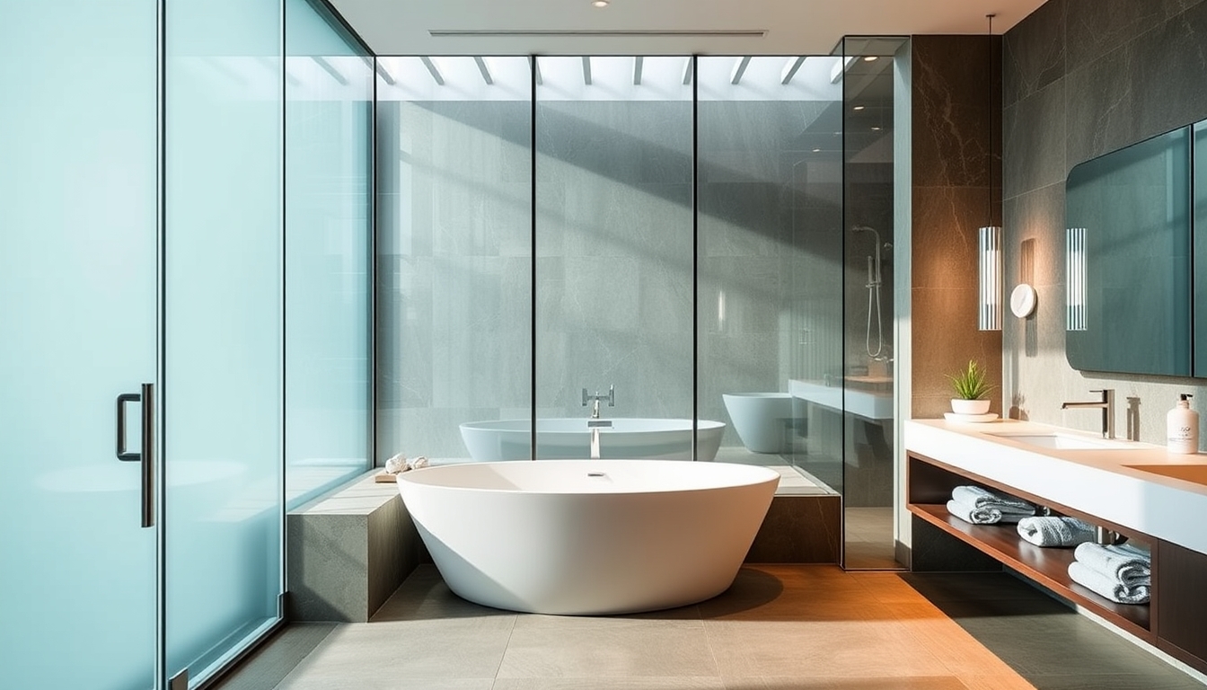 A sleek modern bathroom with glass walls and a luxurious soaking tub. - Image