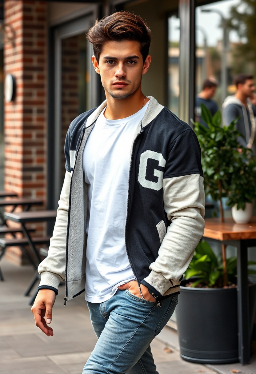 Freddie Prinze head and body shot, handsome young man, dark brown hair, serious face, white T-shirt, college jacket, skinny jeans, sneakers, walking with style, near a café, hyper-realistic, street photography, brick wall, full body photo, morning scenery.