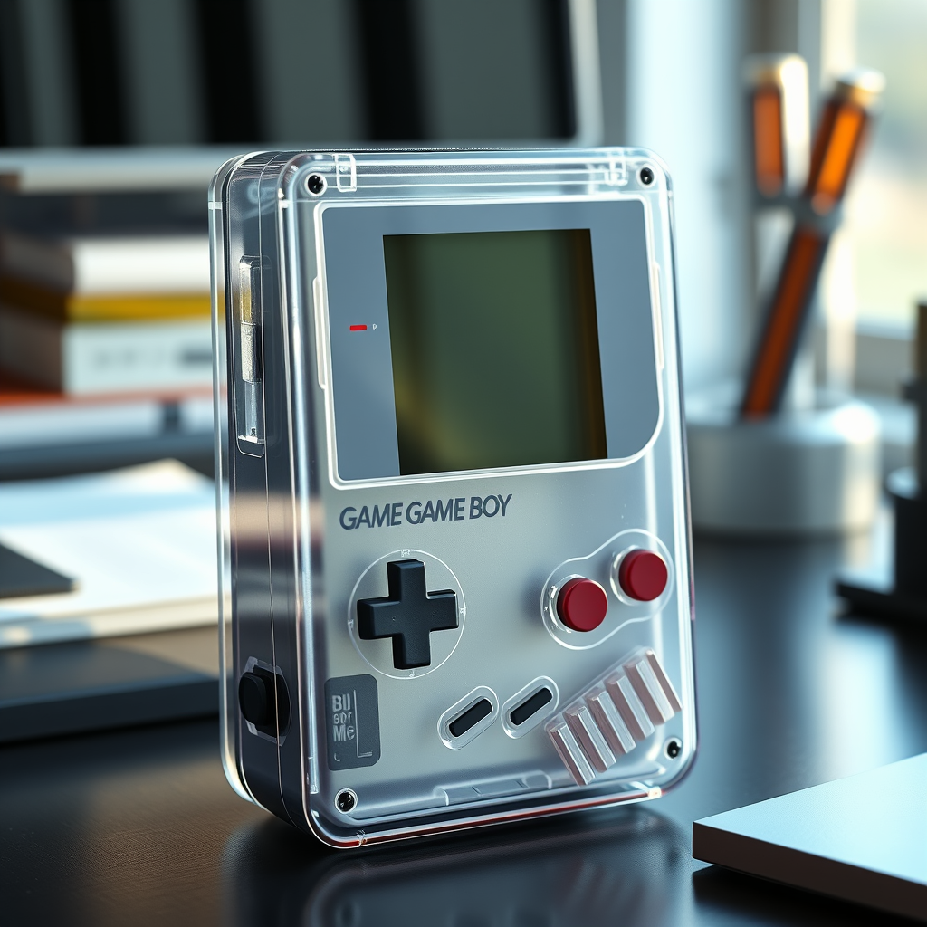 A see-through polycarbonate Game Boy designed by Dieter Rams. Industrial design inspiration. Unreal Engine render, natural lighting, on desk, beautiful shot.