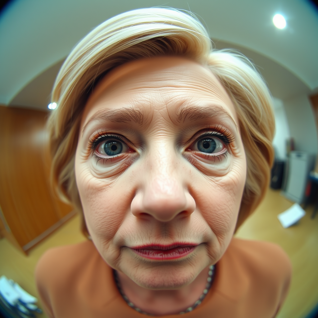 Silly fish-eye lens image of Hillary Clinton staring directly into the camera, befuddled look, raised eyebrow 🤨