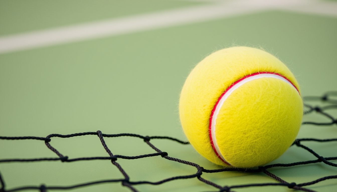 A tennis ball is resting on a net.