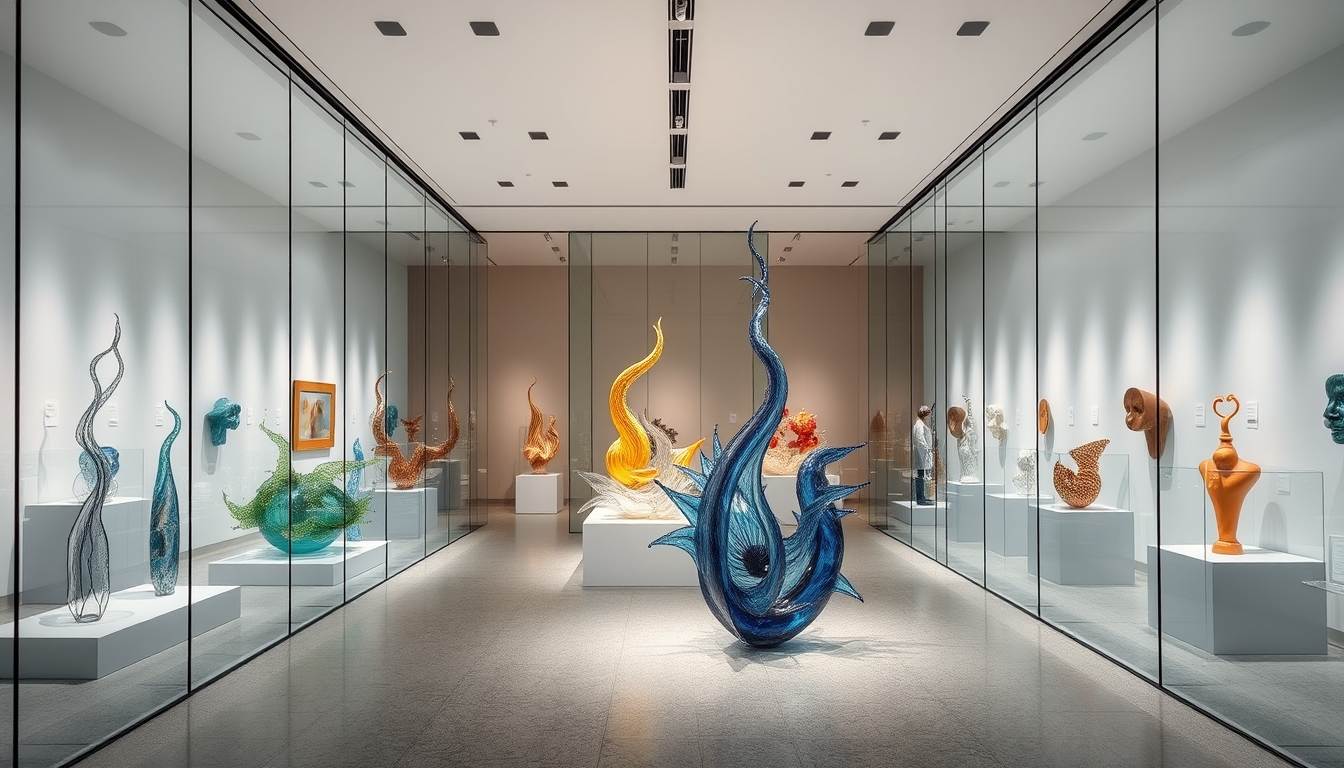 A modern art gallery with glass walls, showcasing contemporary glass sculptures.