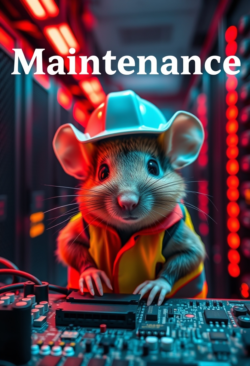 A small mouse with a hard hat and high visibility vest is repairing a circuit board. The mouse has a serious look in his eyes. The background shows a server room with red emergency lighting only, red ambient lighting, and emergency lighting, with the text background saying "Maintenance."