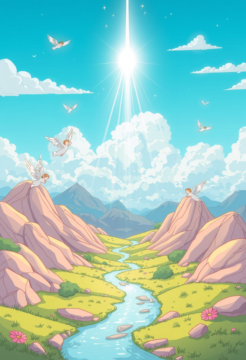 Illustrate a beautiful, serene landscape symbolizing the Kingdom of Heaven, with angels and light shining down. cartoon style, thick lines, low details, no shading. - Image