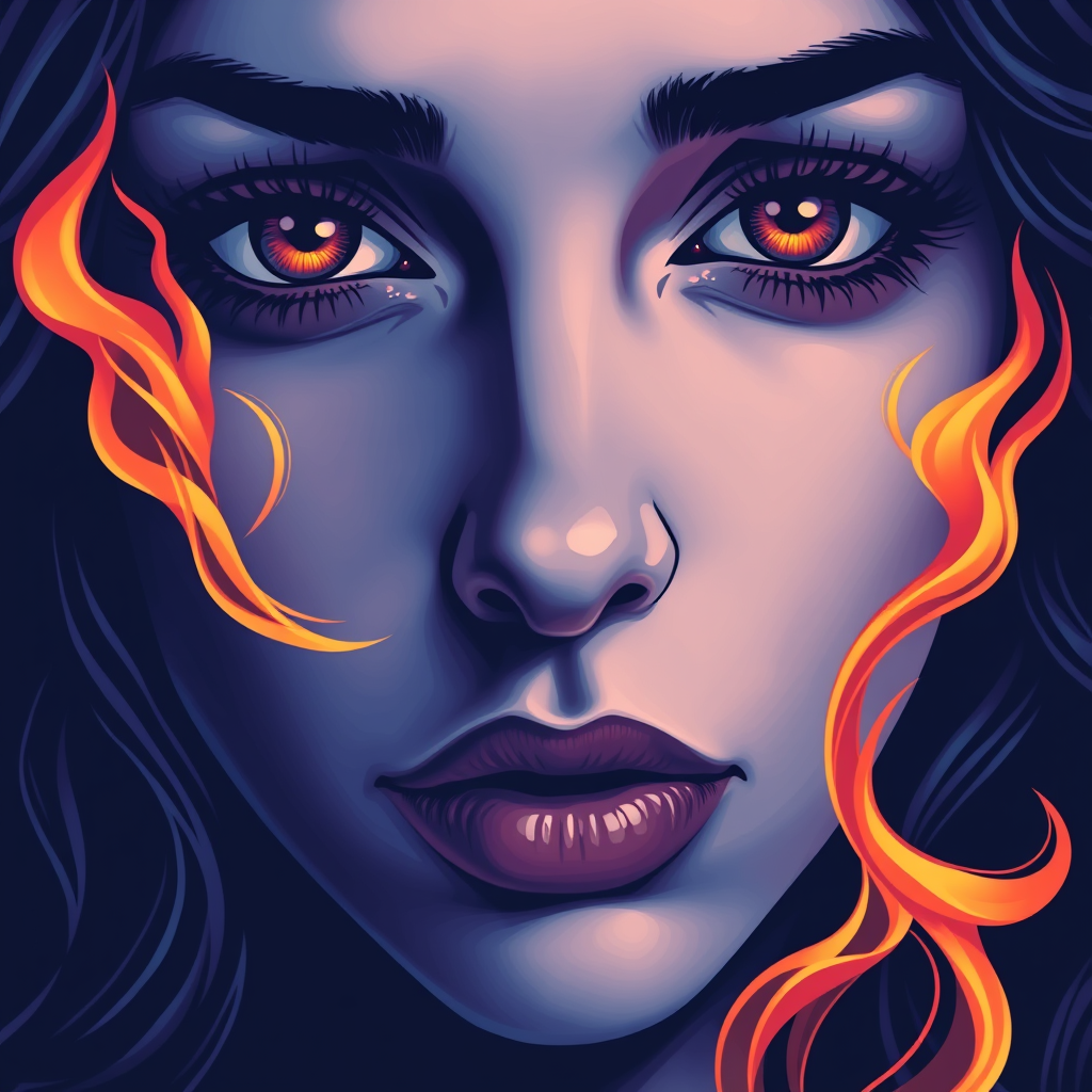 A tee shirt design of a close-up of a woman's face, inspired by the sun. Her expression is deep and soulful, reflecting both passion and sadness. Her eyes are intense and filled with emotion. The color palette is cool, featuring deep blues and purples, with a hint of warmth in her eyes. Whipping flames accent her face, blending seamlessly into the background, creating a contrast between the cool and warm tones. The overall feel is a harmonious blend of passion and melancholy, embodying the soulful essence of the sun. Transparent background.