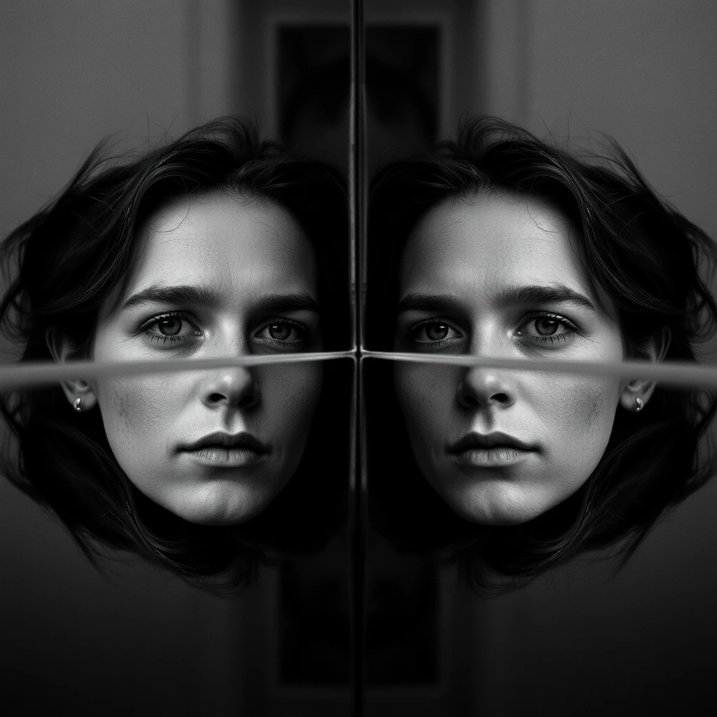 'face reflection in mirror photography. [SYMMETRICAL BALANCE] composition, monochrome' - Image