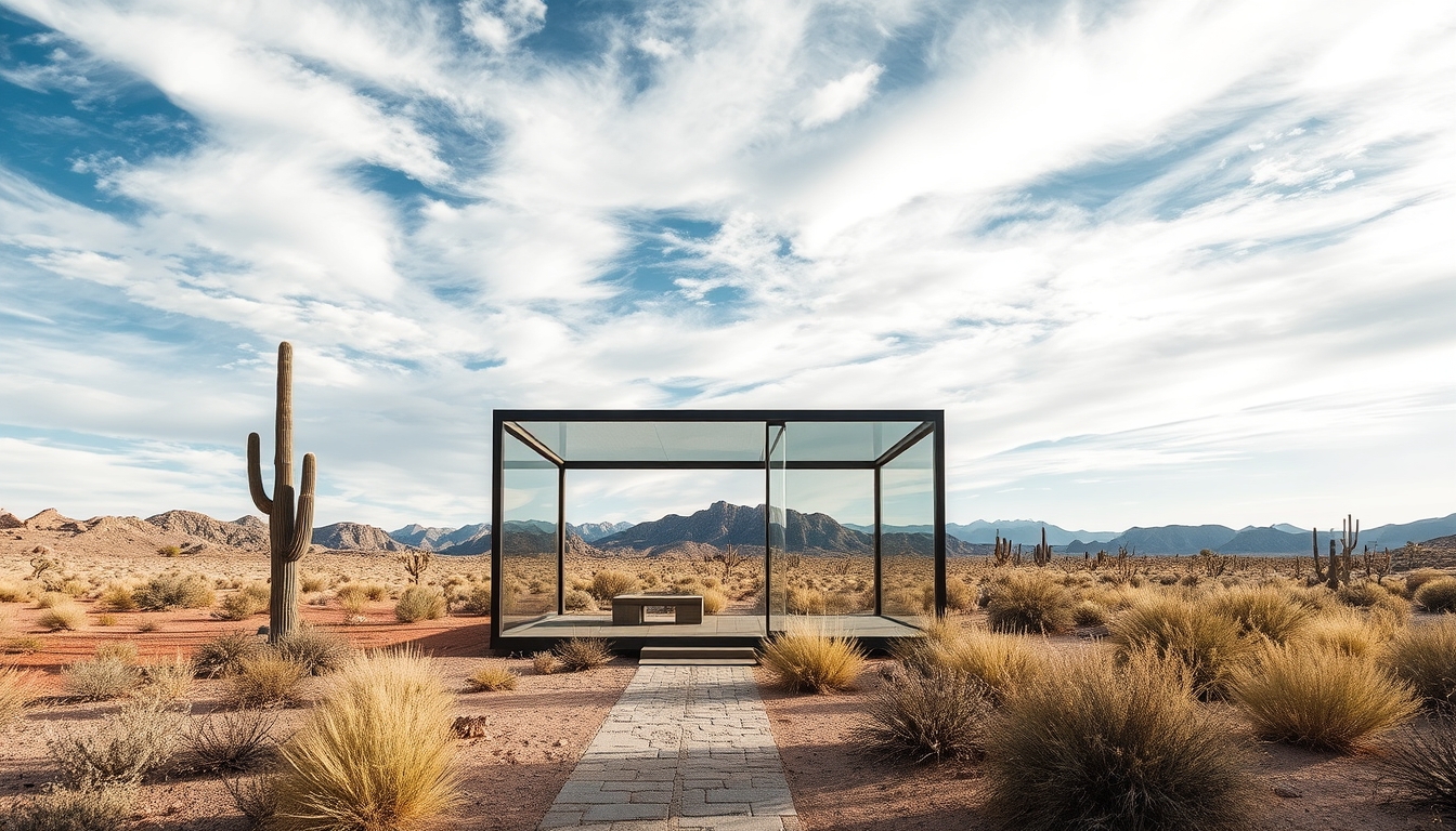 A dramatic desert landscape with a glass pavilion offering shade and shelter. - Image