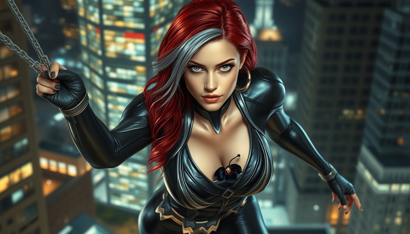 redhead with a grey streak in her hair, a black and silver metallic spandex outfit with a black orchid embedded on her chest, swinging through the city at night. - Image