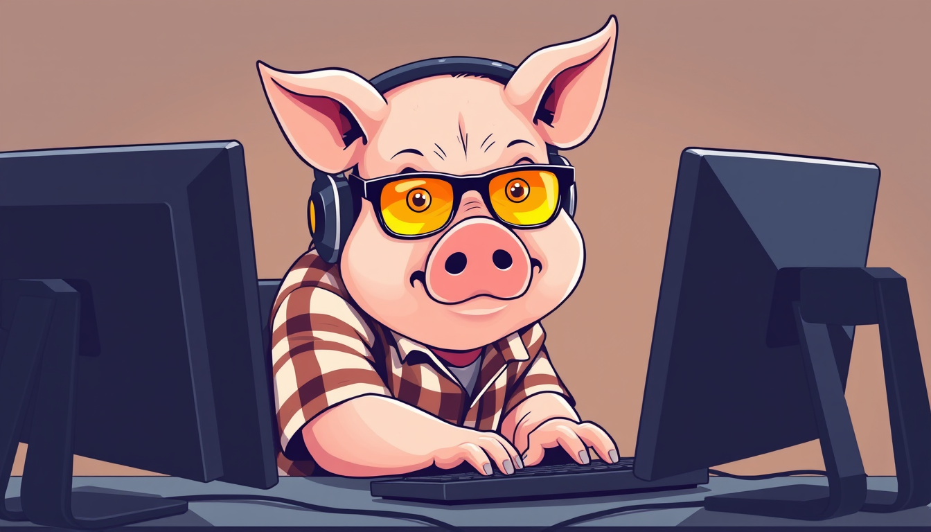 A tech-savvy pig coder, wearing yellow-tinted glasses and sleek noise-cancelling headphones, hunches over a cutting-edge multi-monitor setup. The anthropomorphic pig exudes focus, typing furiously. He is dressed in a plaid t-shirt.