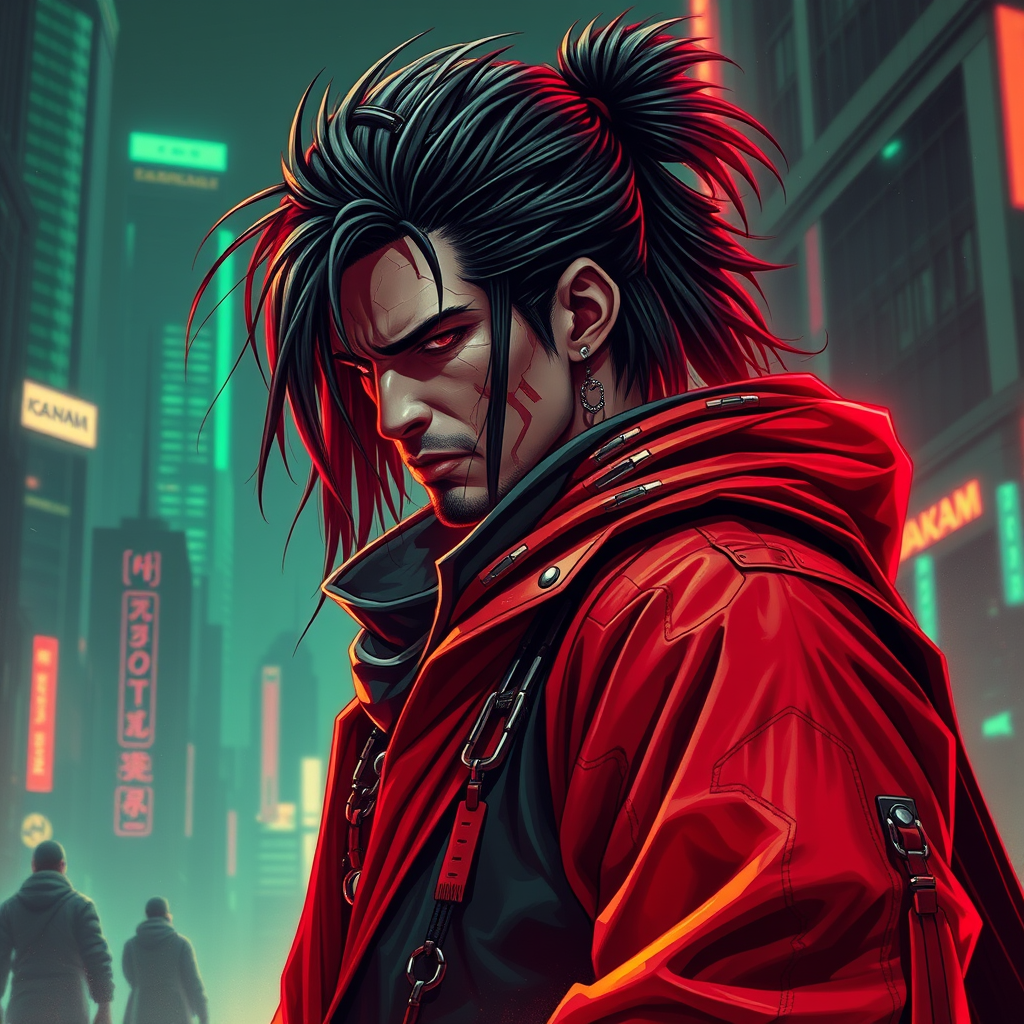 Cyber Samurai style of male warrior with rugged black hair and cybernetic implants | merging leather garments with futuristic cyberpunk elements | flowing robes and high-tech armor plating | dystopian cityscape background | in deep red and neon green.