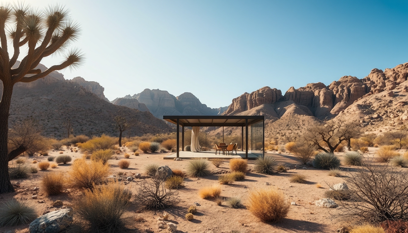 A dramatic desert landscape with a glass pavilion offering shade and shelter. - Image