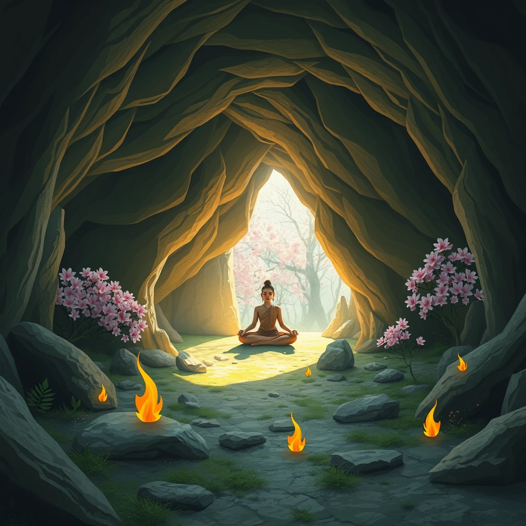 "A cave, a practitioner meditating inside, spring is in full bloom, the ground is clean, flames." - Image