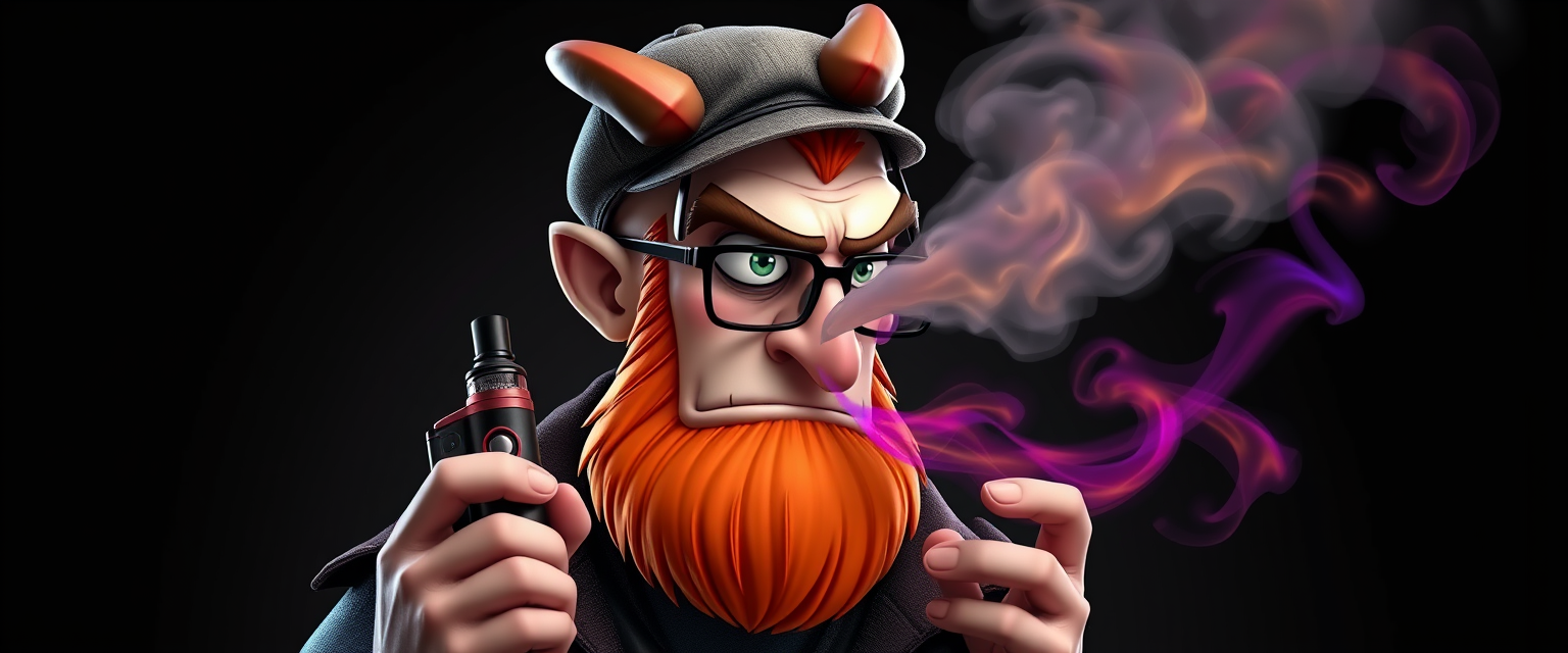 Three-quarter view of a sinister, bald cartoon human male with necromancer lich features. Demonic horns, short fiery ginger beard contrasts with dark eyebrows. Wears a weathered flat cap and aviator glasses. Clutches a sleek vape mod, exhaling dense, swirling vapor clouds. Vibrant, e-liquid drips off his pale skin, creating a colorful aura. 3D rendered.