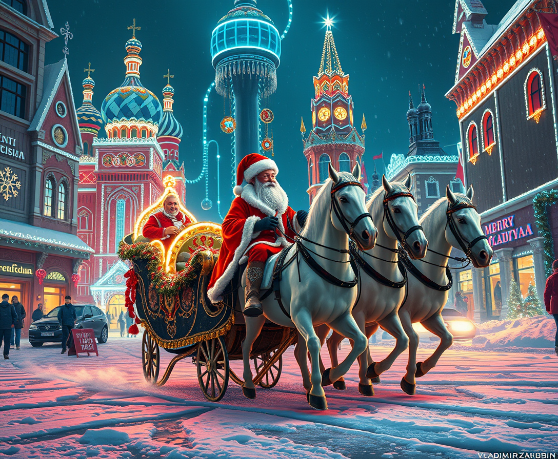 (art by Vladimir Zarubin), (cyberpunk city), Russian Snow Grandfather riding a festive sleigh, pulled by three (elegant) white horses, vibrant Christmas lights illuminating the streets, futuristic architecture glowing in neon hues, exquisite detailing, a whimsical atmosphere that combines tradition and modernity, high contrast colors, magical and enchanting ambiance, 4K ultra-detailed.