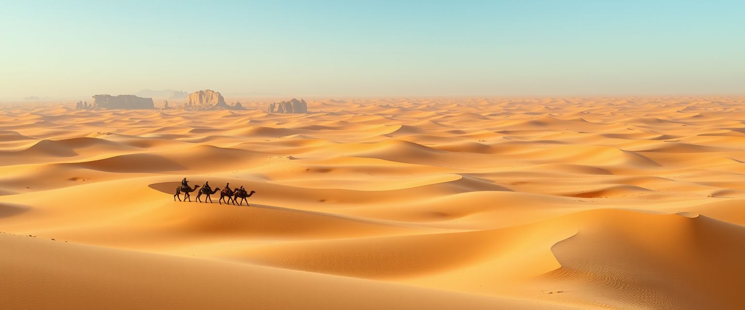 Vast, arid desert, golden sand dunes, endless horizons, high quality, photorealistic, tranquil, remote, camel caravan, nomadic, breathtaking, clear blue sky, oasis, solitude::1.2 cacti, desert flowers, rugged rock formations, starry nights, sandstorms, ancient ruins, dune bashing. - Image