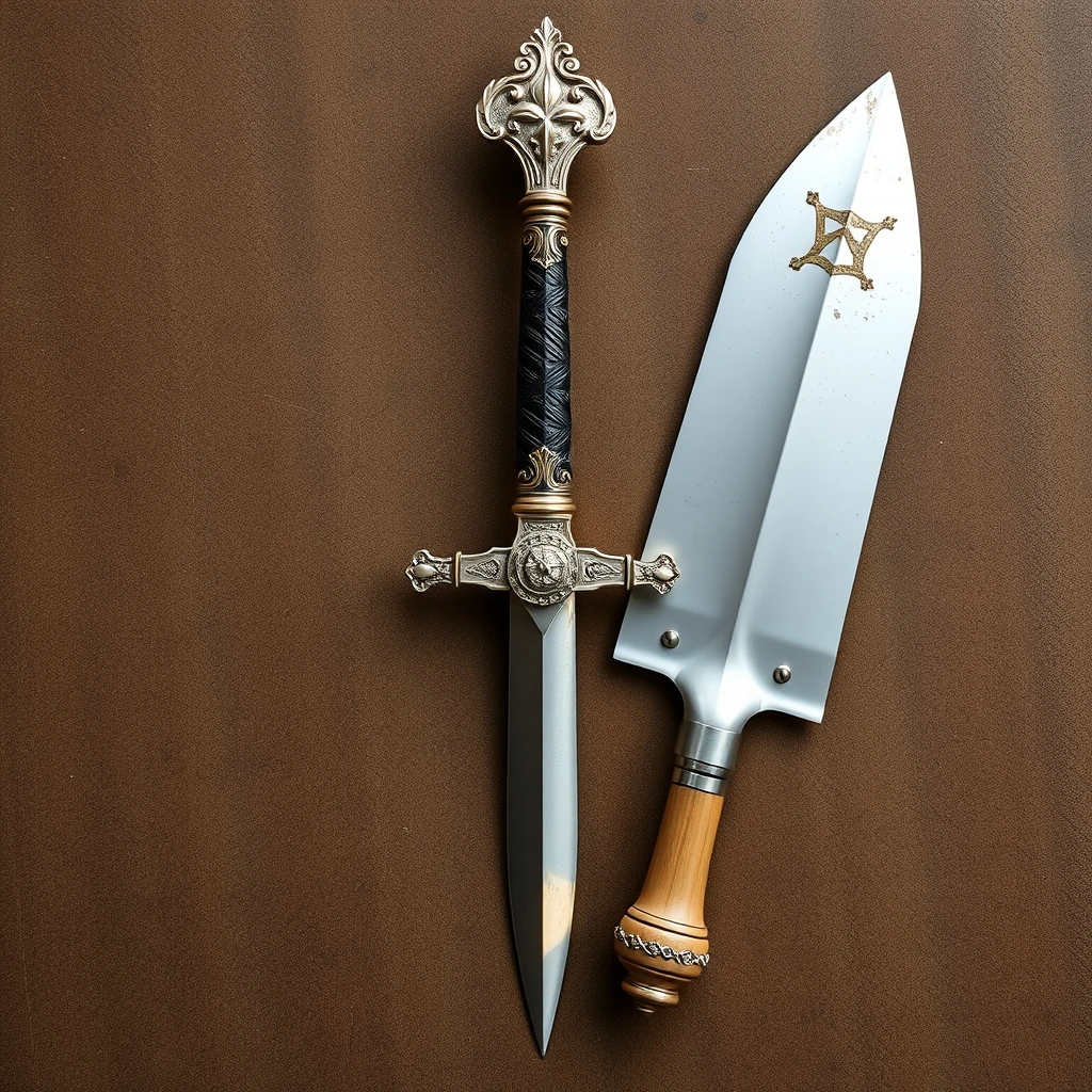 An upright shining sword, next to it an upright trowel.