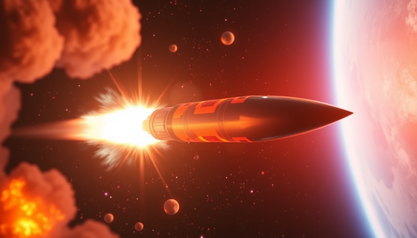 Photo of a rocket weapon launching into space with vibrant colors and intense energy. - Image