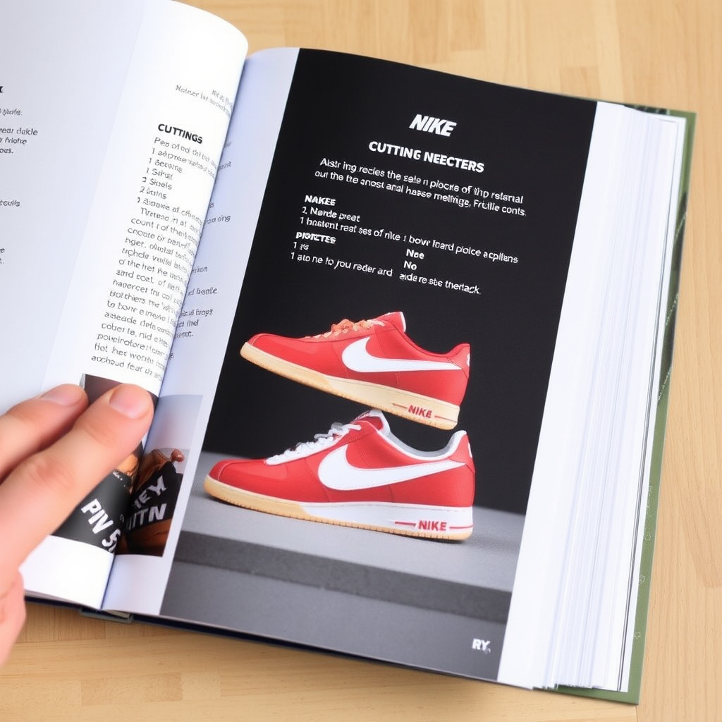 Book with recipe to create Nike shoes using the process 'cutting', with the brand 'RY'.