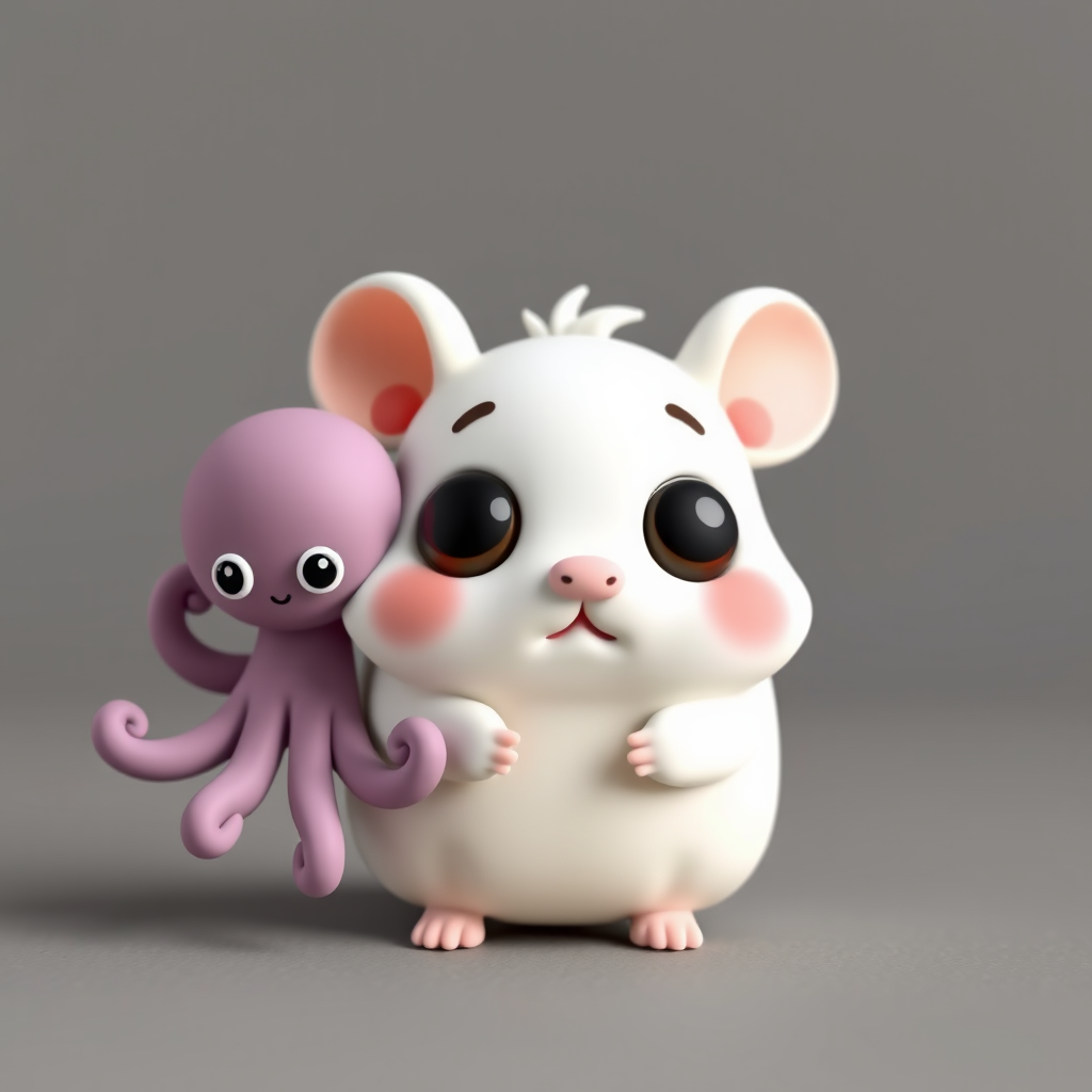 Cute white hamster with big eyes and cute mauve octopus, cute characters in 1:2 scale, three-dimensional 3D animation, maximized clay texture.