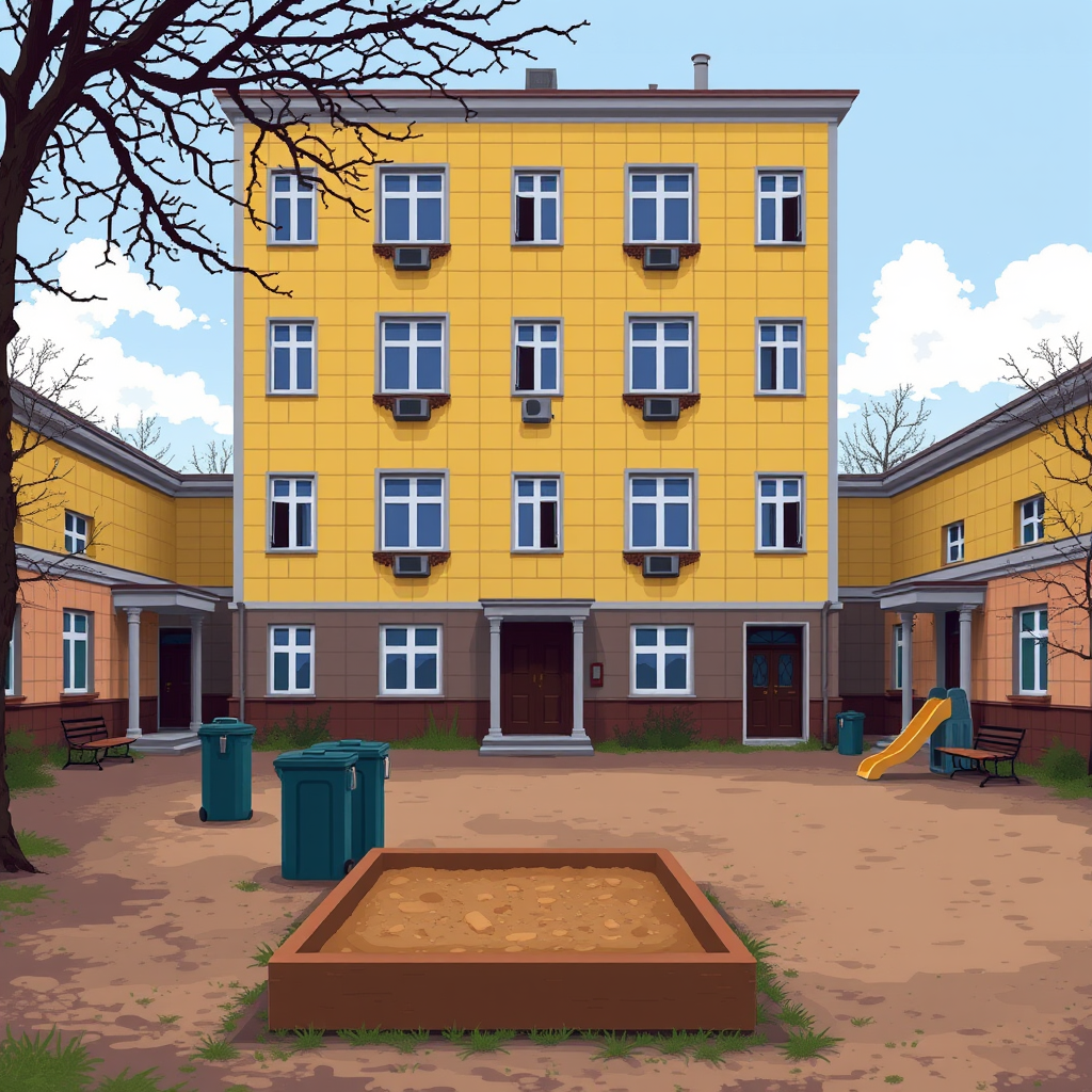 In pixel art style, an old Soviet courtyard, with a yellow-paneled five-story building in the background featuring five entrances. In the foreground, there is a sandbox, a children's slide, garbage cans, and benches by the entrances. - Image