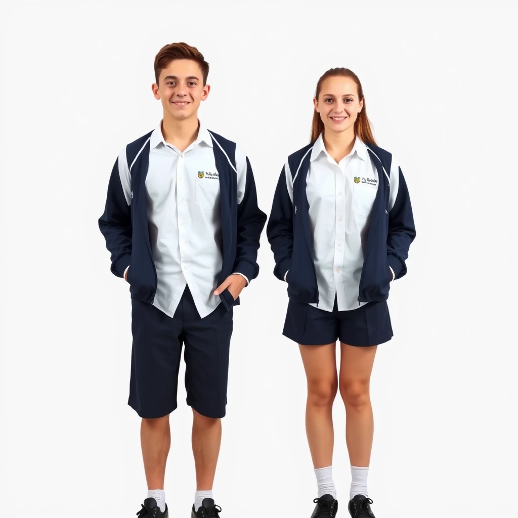 Two students are standing independently, smiling with the happy faces of two Australian students from St Andrews College, 14 years old. They are wearing a white shirt uniform and navy shorts, in a conservative style. The school's uniform also includes black shoes and white socks. The young man's sharp features and the young woman's kind gaze exude intelligence and determination, with their hands out of the jacket. They stand facing the photographer. The background is plain and neutral, keeping the focus on the subjects. The photograph is realistic, high-quality, full-body, and sharply detailed, taken with a Sony A7A1 camera using a 16mm lens in 8k resolution.