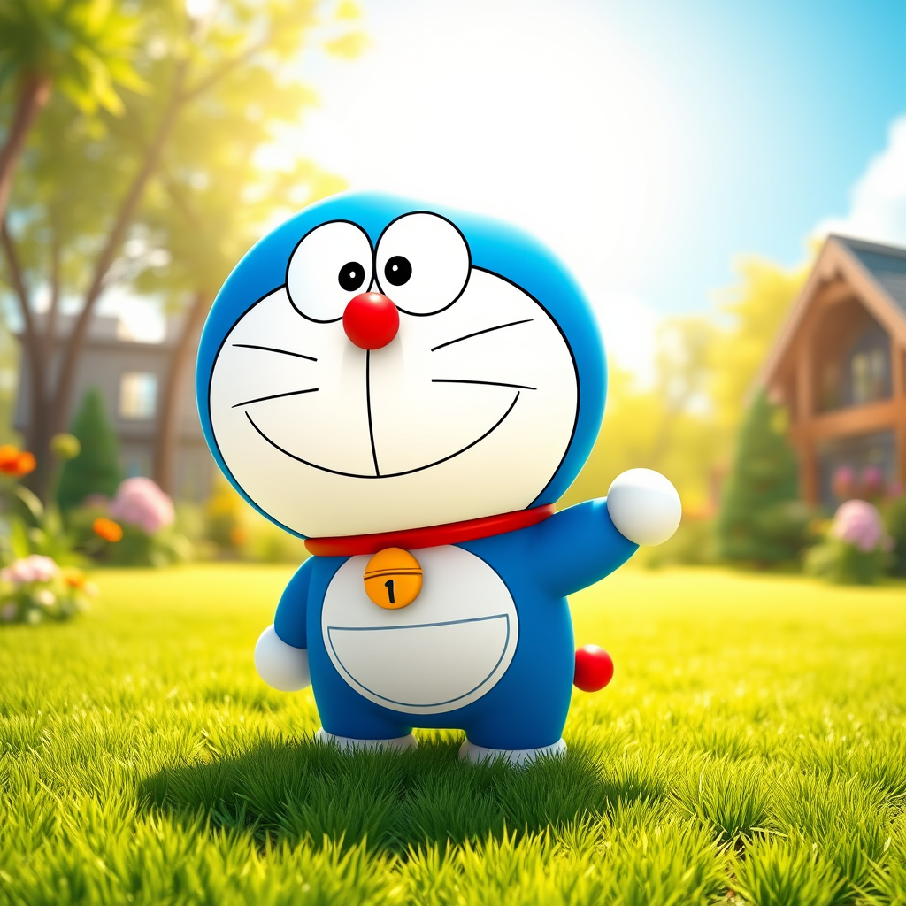 Doraemon in Pixar style, cute and expressive, vibrant colors, static pose, sunny garden setting, green grass, blue sky, warm sunshine, cheerful and peaceful atmosphere, clear texture. - Image