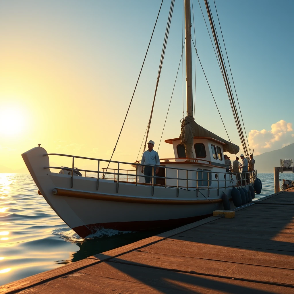 Pixar style, The morning sun bathes the dock in its gentle light, where a small boat quietly rests at its berth. The crew members are busily preparing for the voyage, their movements precise and powerful, each action a testament to their respect for the sea and their skilled craftsmanship. The captain, standing strong at the prow, fixes his determined gaze upon the horizon. As the engine roars to life, the boat slowly departs the dock, setting its course for the distant Cheung Chau Island. The sea breeze is fierce, filling the sails and propelling the vessel forward with steady resolve through the waves. This may be a simple journey, but it is filled with the spirit of exploring the unknown and a profound respect for the natural world.Cheung Chau Island HongKong, high-definition - Image