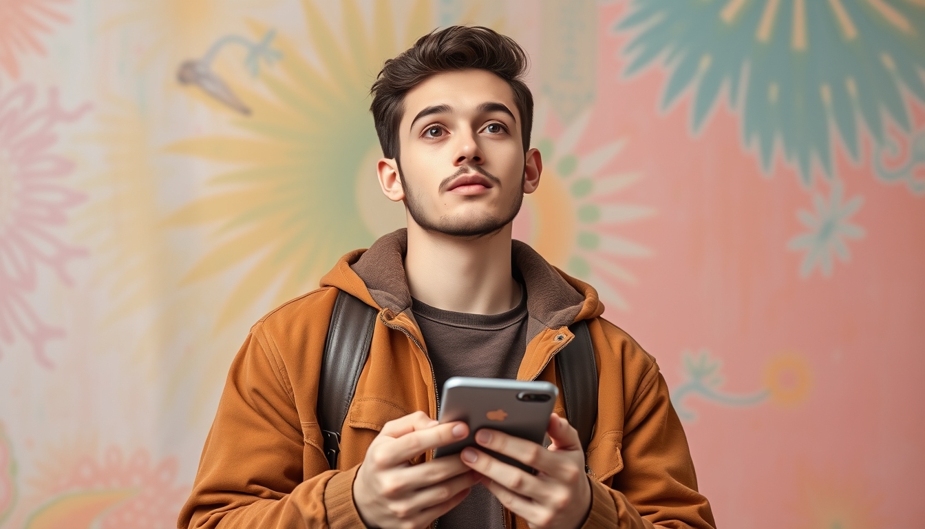 Photo portrait of a pretty young male holding a gadget, looking into empty space, wearing a trendy brown outfit, isolated on a colorful background, 8k UHD, high detail.