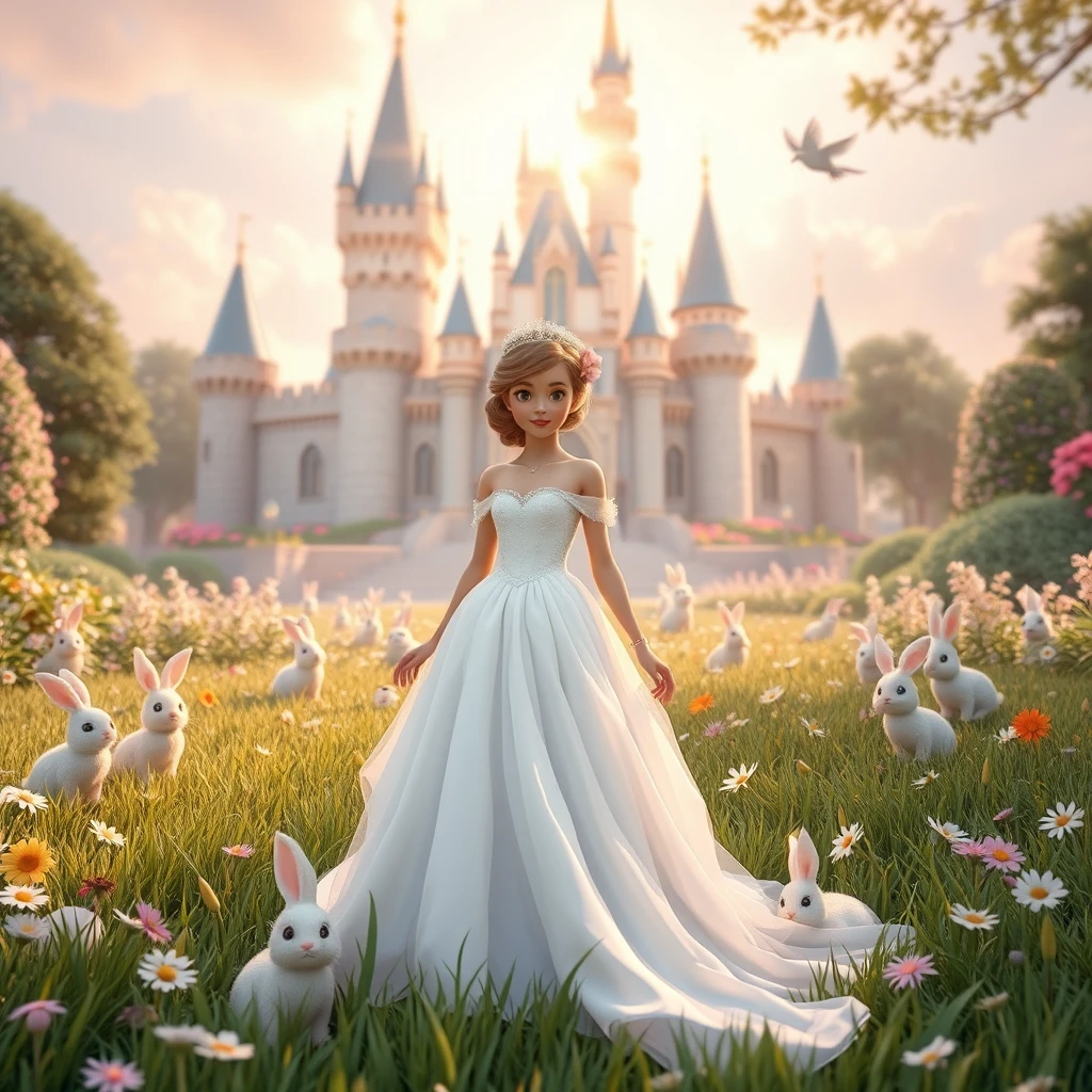 A princess in a white chiffon dress, in the grass in front of the castle, surrounded by cute furry bunnies, birds, flowers, a magical world full of Disney style, 3D rendering, natural light, high-definition picture quality, 8k, - niji 6.