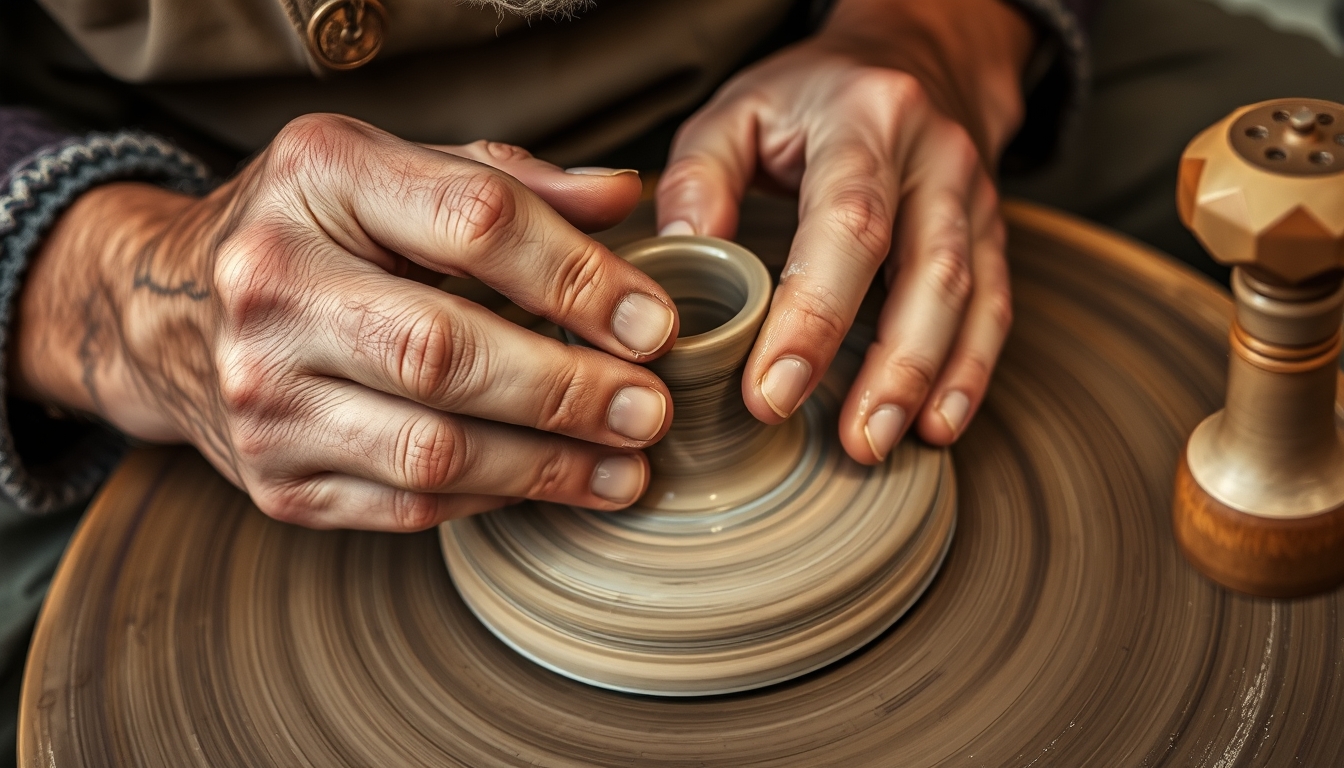 A close-up of a craftsman's hands meticulously shaping a piece of pottery on a spinning wheel, with earthy tones and rich textures. - Image