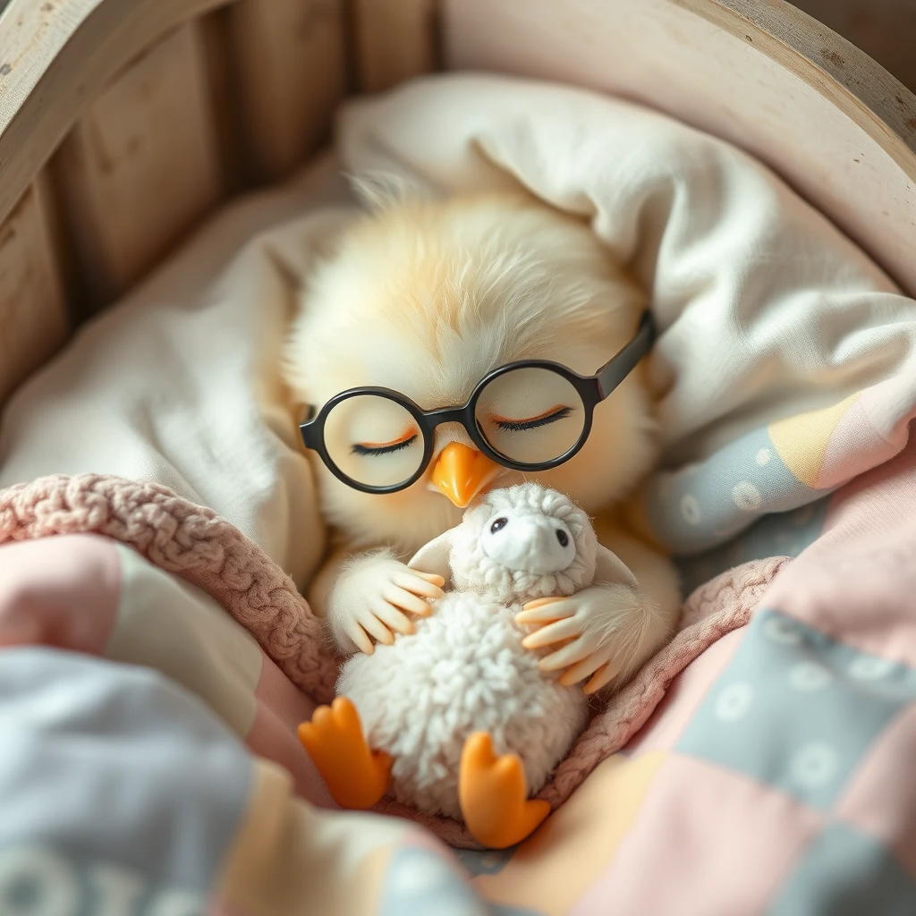 Sweet delicate little Kawaii chick with glasses sleeping in its little bed with patchwork blankets, hugging a tiny cute plush sheep.