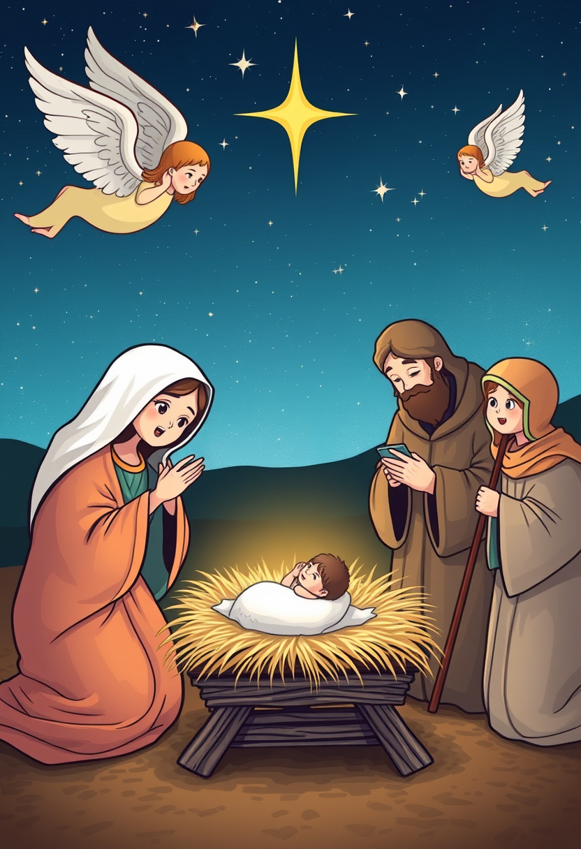 Illustrate the nativity scene with baby Jesus in a manger, surrounded by Mary, Joseph, angels, and shepherds under a starry sky.