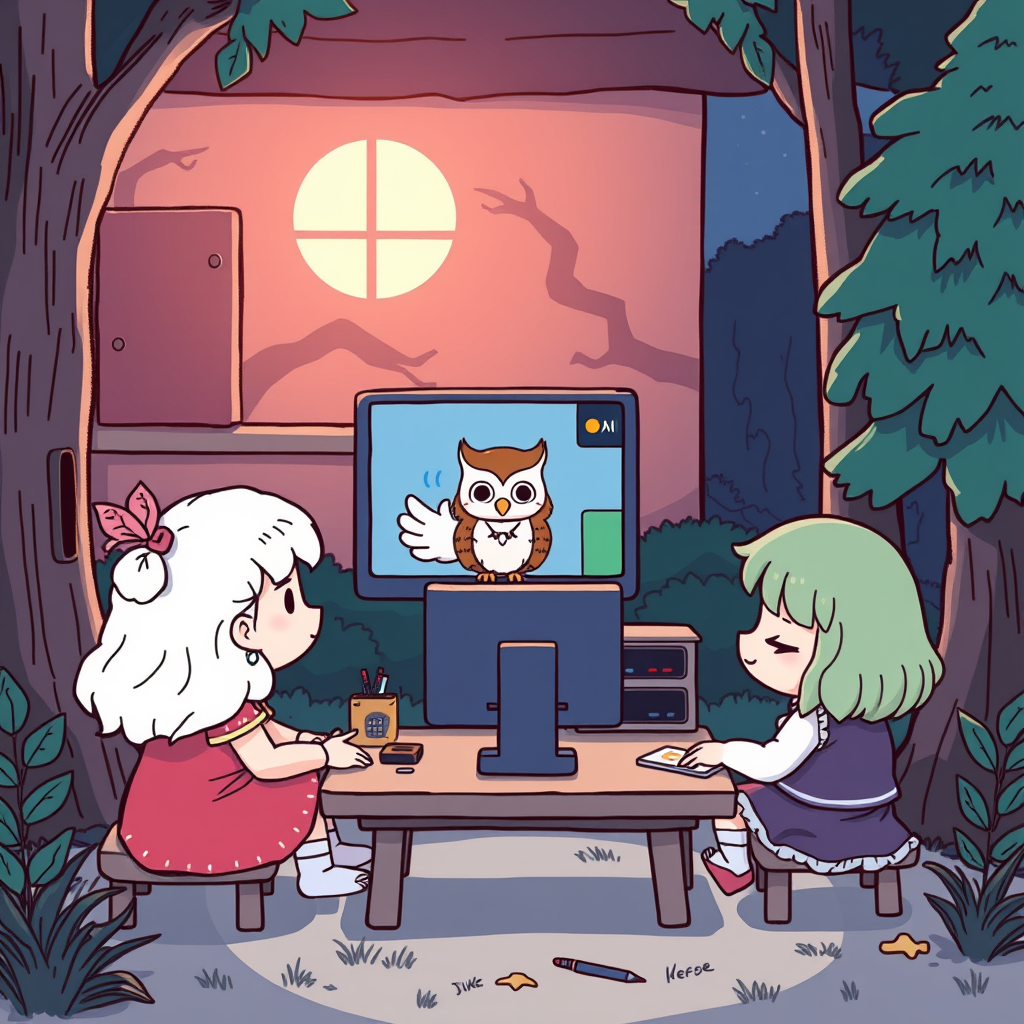 Late at night, a small school in the forest. Ruby and her friends are sitting in front of the computer, participating in an AI class through Zoom. Teacher Owl appears on the screen giving a lecture. The friends are quietly succumbing to drowsiness, in colored pencil style, chibi style.