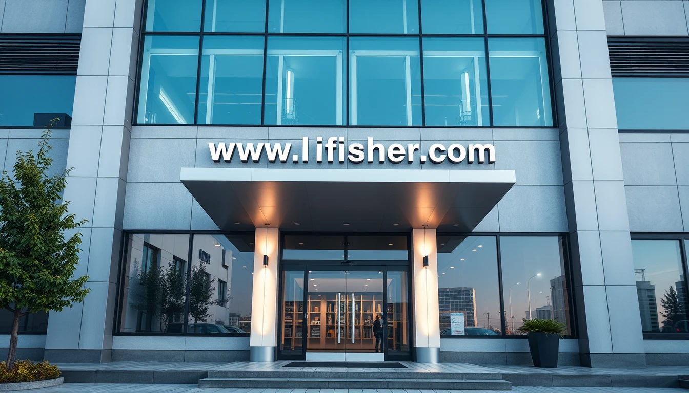 The main entrance of a modern technology company building. Above the main entrance is written "www.lifisher.com", which is full of technology.