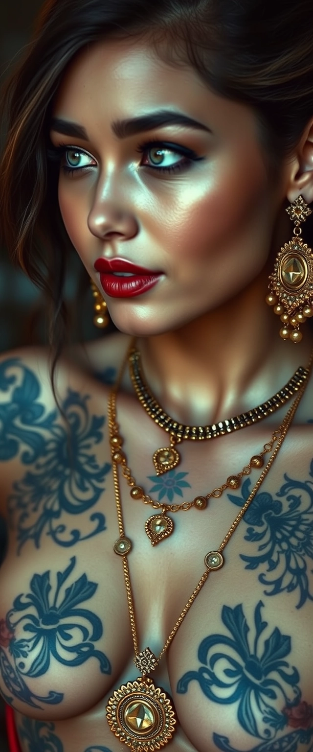 Close-up view of the tattooed chest of a Korean-Indian woman with white skin, beautiful facial features, and blue eyes, wearing gold ornaments and looking sideways. - Image