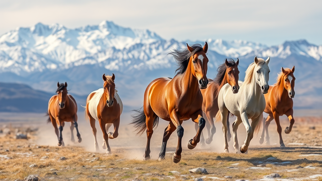 A group of horses running in front of snow-capped mountains in Kazakhstan, by David G. Sorensen, a photo, fine art, majestic horses, galloping, equine photography, in the steppe, horses, 8k award-winning photograph. - Image