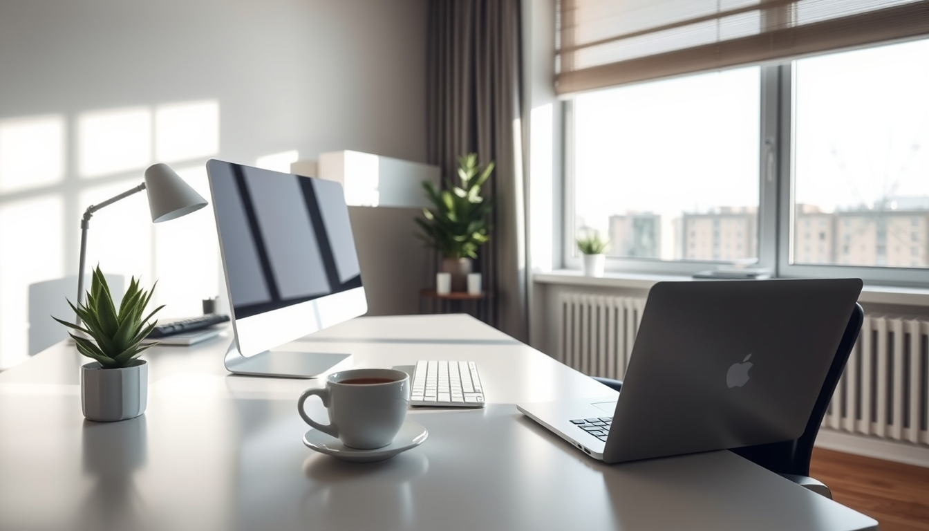 A sleek, modern home office setup bathed in natural light, with a single potted plant and a cup of coffee on the desk, emphasizing simplicity and productivity.