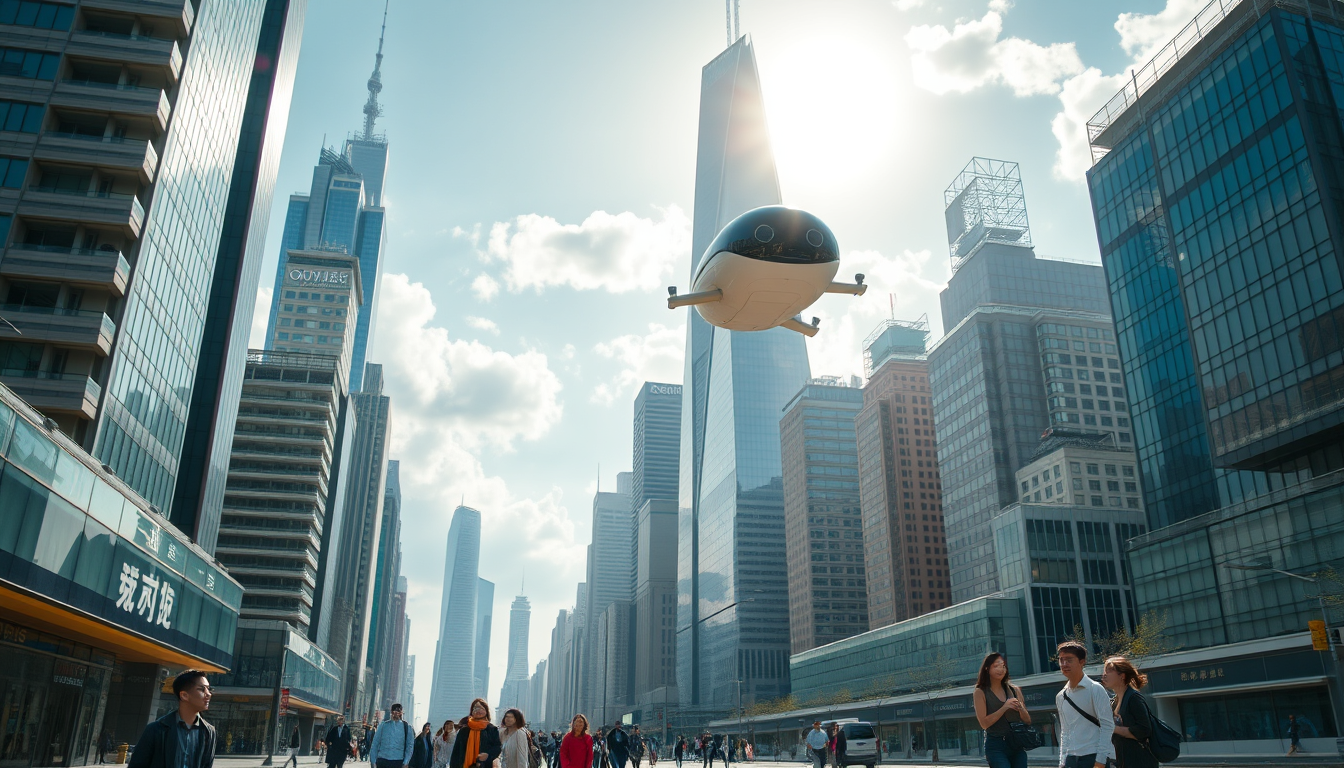 Create a stunning high-resolution image of the city of the future. The skyline should be filled with towering skyscrapers. Includes a light colored oval balloon type robot flying rapidly through the air with tiny black balancers on either side of the balloon. There are some people walking on the street in a relaxed and pleasant atmosphere with Asian faces and fashion-forward clothing. The visual focus of the image highlights the small balloon-shaped robot patrolling the air for safety, the clouds are very beautiful, and the sunlight reflecting off the glass surfaces of the buildings creates an atmosphere of excitement and creativity. Very clear and realistic details, 32K. - Image