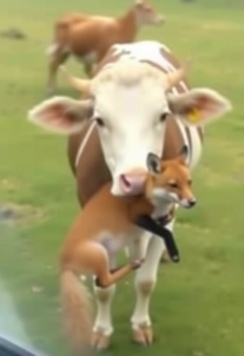 Blurry photo of a cow holding a fox, screenshot, low quality, 480p.