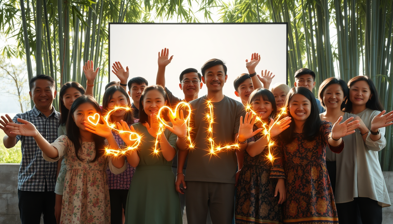 1. "Vietnamese Unity"  
A diverse group of Vietnamese people, ranging from young to old, stand together facing a bright screen. Their arms are outstretched, palms open, as if reaching for the future. Soft sunlight filters through bamboo trees behind them, illuminating their hopeful expressions. Glowing hearts and light particles flow from their hands, forming the letters "SMLYT" in a warm, golden hue. The scene embodies the spirit of unity and love in a serene Vietnamese countryside setting. - Image