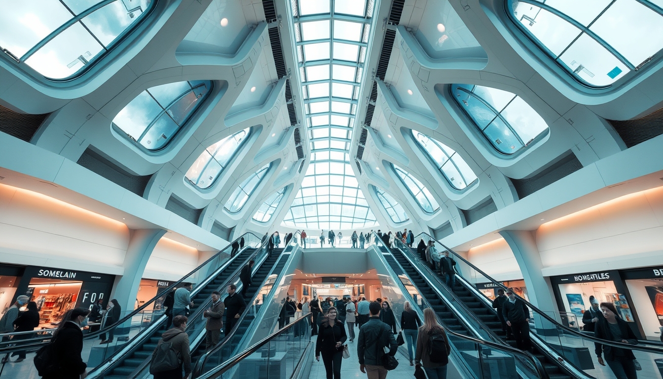 A futuristic shopping mall with glass ceilings and escalators, filled with shoppers.