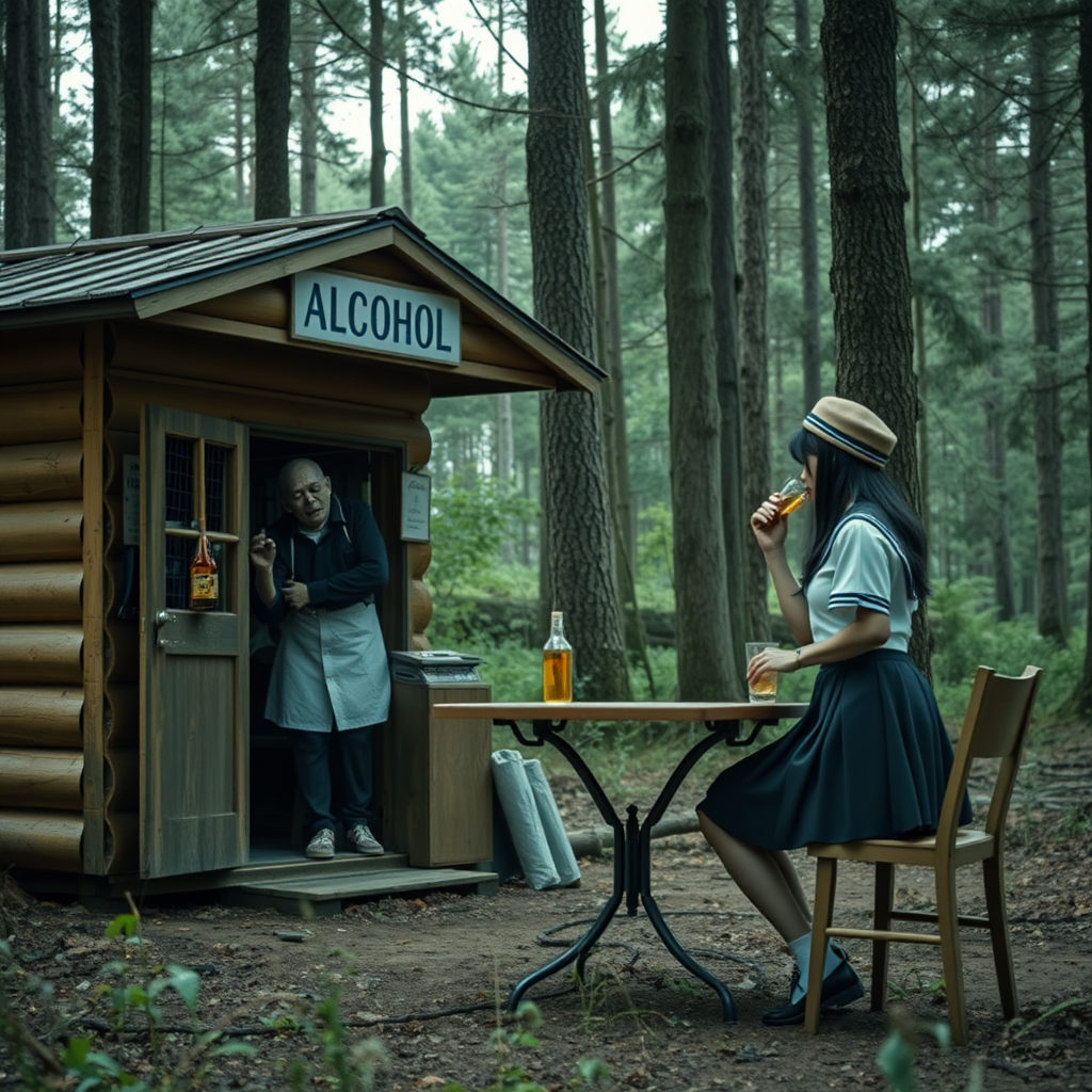 Real-life photography, wide shot: In the forest, there is a wooden cabin selling alcohol, and a dressed zombie comes to buy some. Next to the cabin, there are one table and two chairs, with a zombie wearing a hat sitting and drinking. A Japanese female student wearing a school uniform skirt is selling the alcohol.