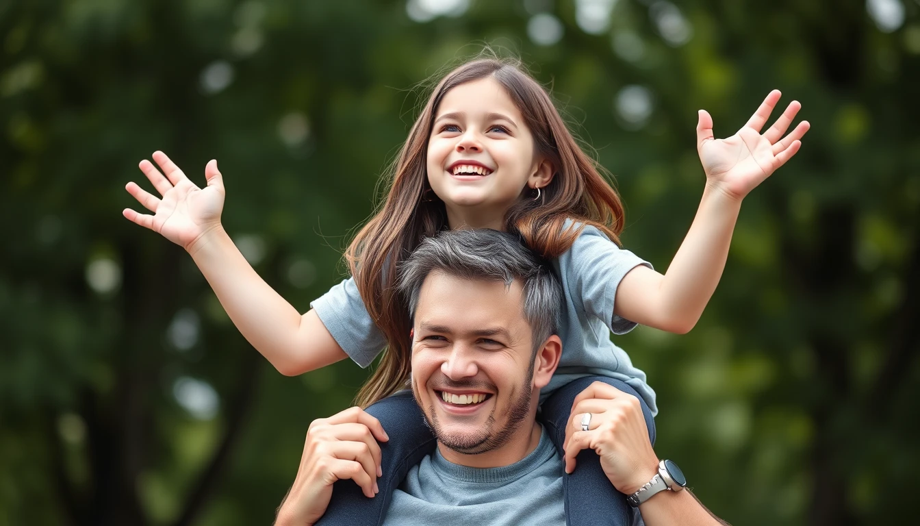 A happy Caucasian father carrying his daughter on his shoulders outdoors, both smiling and enjoying the moment together. The girl has long brunette hair and is wearing a light grey t-shirt with her hands raised in joy as she looks up at her dad. She's sitting atop him while he stands upright against a blurred green trees background, insanely detailed and intricate, hyper maximalist, elegant, dynamic pose, photography, volumetric, ultra-detailed, intricate details, super detailed. - Image