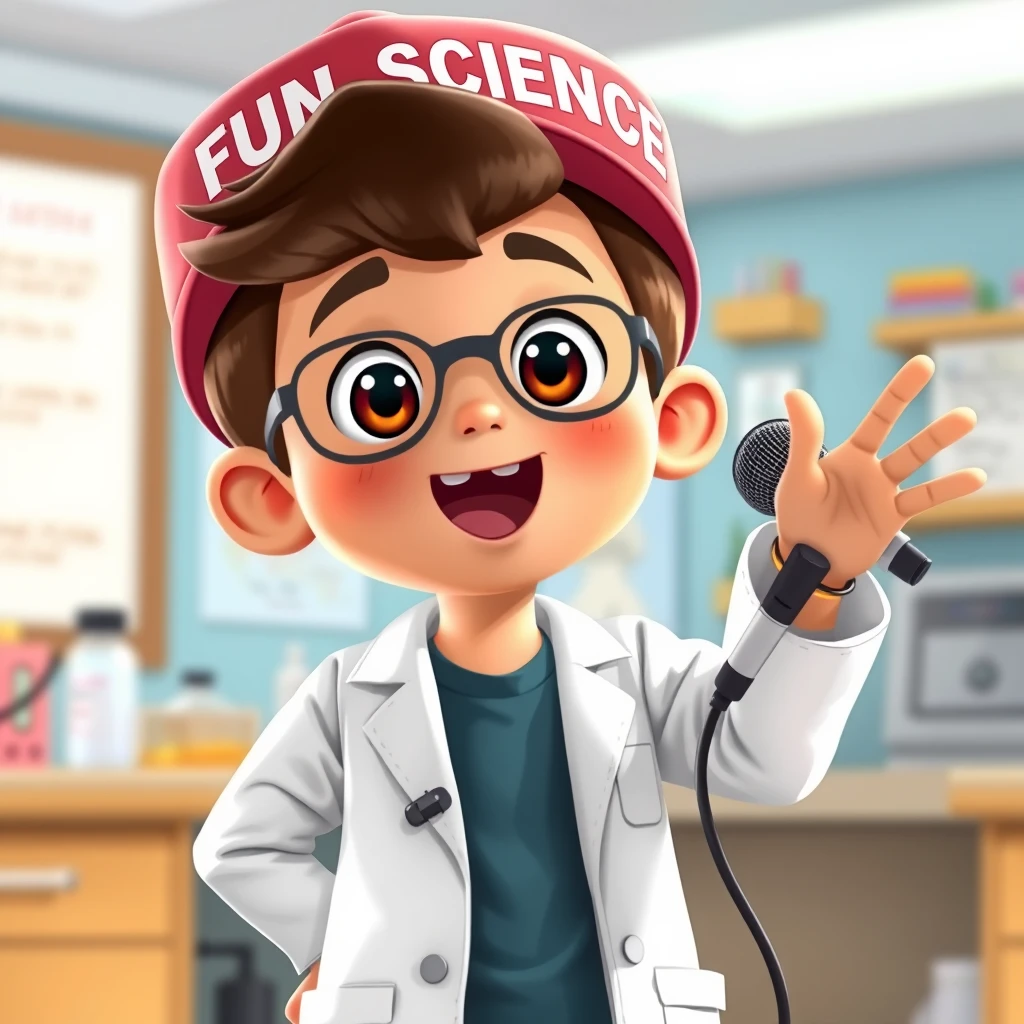 A cute 12-year-old boy in a science lab wearing a lab coat and a hat that says 'FUN SCIENCE', striking a singing pose while holding a microphone in one hand, in an animated style, full-body shot. - Image