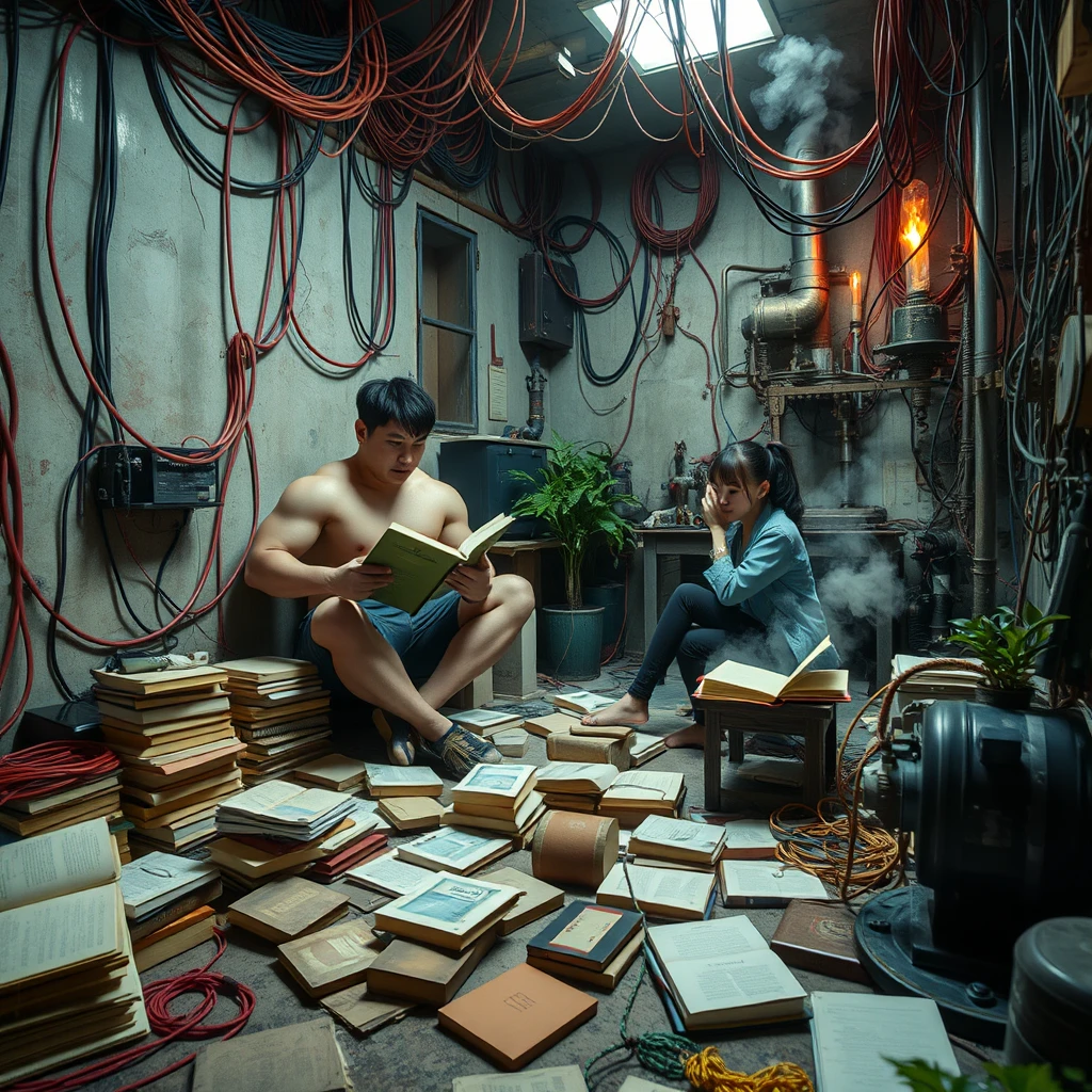 A real-life photograph, wide shot, of a strong guy and a Japanese girl reading books in the corner of a room. The room has some books scattered messily, and many wires of varying thicknesses are on the floor and in the air, including red, blue, yellow, and other colors. Additionally, there are some machines emitting steam and fire. The lighting is dim, and there are some plants.