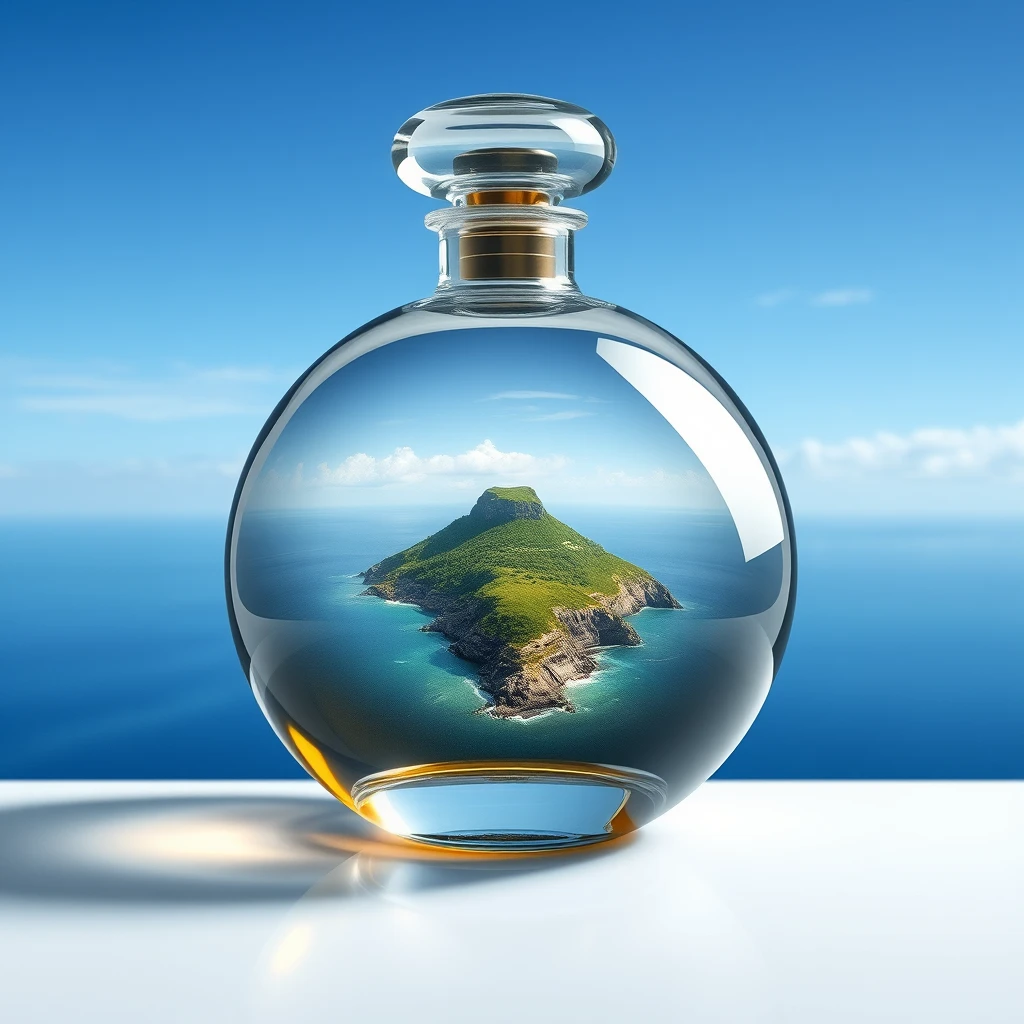 An elegant round sphere perfume bottle, inside the perfume bottle is an island scene that extends into the entire photograph. - Image